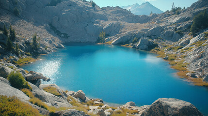 Stunning lake features vibrant blue water, gracefully nestled among rugged mountains and lush forests scenery