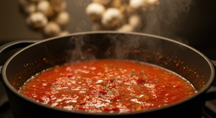 Simmering Tomato Sauce in Pot with Steam and Garlic