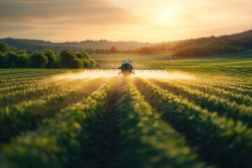 An agricultural spray machine operates through vibrant lush fields during a beautiful sunset, showcasing farm life