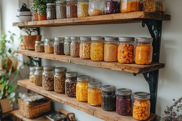 Various dried goods and preserved foods in mason jars on rustic wooden shelves. This image showcases home organization and healthy eating habits.