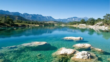 Turquoise lake scenic view against mountain background, calm day