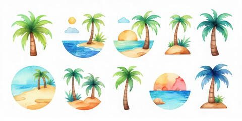 Summer icon watercolor scenes of tropical beaches and palm trees bright colors artistic vibes