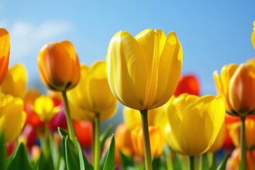 色とりどりのチューリップが咲く春の日の風景