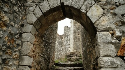 Obraz premium A rustic stone arch built from gray blocks forming an entrance in an ancient castle wall