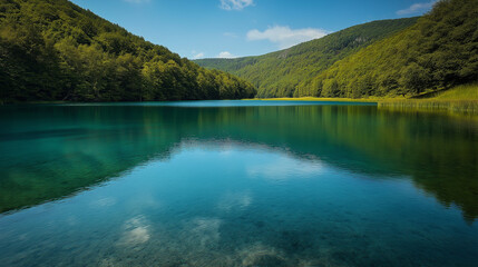 Serene secluded lake with crystal-clear water reflects pure tranquility and pristine natural beauty in isolation
