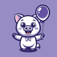 Adorable White Pig Holding a Colorful Balloon Vector Illustration
