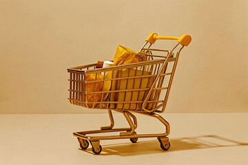 Golden Shopping Cart with Goods Minimalist Consumerism Concept