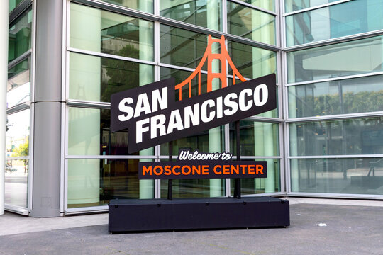 Welcome to Moscone Center signs with Golden Gate Bridge icon at the entrance to Moscone Center - San Francisco, California, USA - March 15, 2025