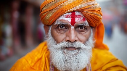 Close-up portrait of a Hindu holy man.