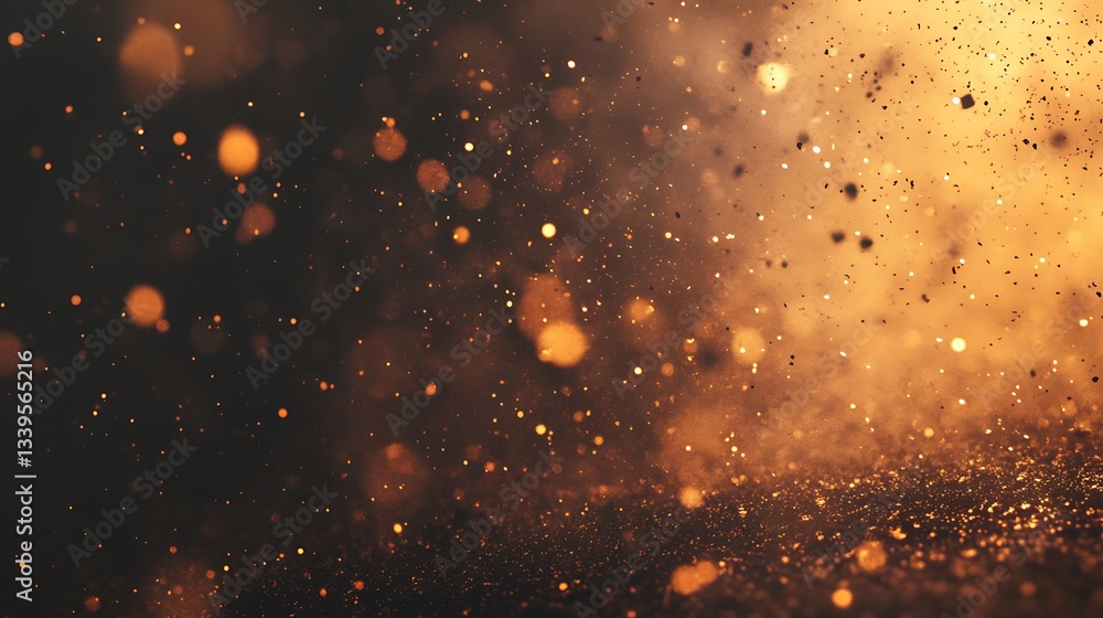 Poster abstract golden shimmering particle explosion with depth of field aesthetic backdrop