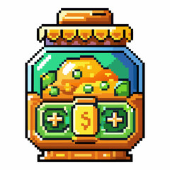 Pixel Art Potion Bottle with Golden Liquid and Emerald Accents in Vintage Style