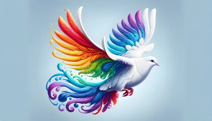 Fototapeta premium A white dove with rainbow colored feathers in flight against a light blue gradient background