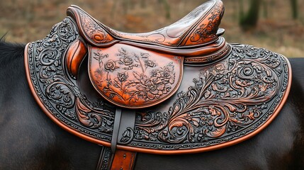 Ornate leather horse saddle with floral carvings.