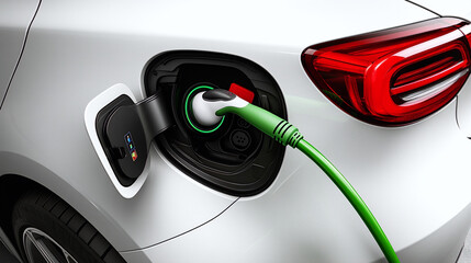 Electric vehicle with bright green charger plugged into white car body