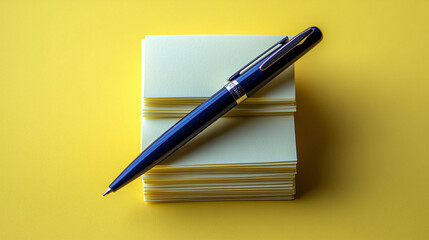 Elegant navy blue pen on pile of cream colored cards with yellow backdrop