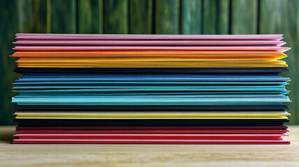 Rainbow collection of stacked colored paper files on light wood surface