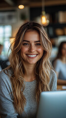 Smiling young woman with wavy blonde hair in cafe using laptop