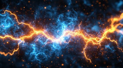 Dynamic clash of blue and orange energy.  Abstract illustration of powerful electrical forces colliding
