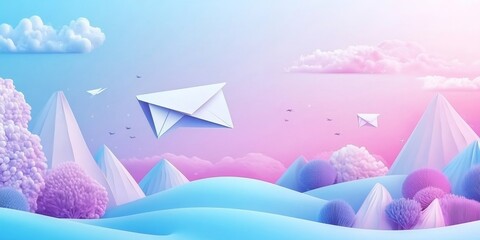 Subscribe to our newsletter web banner template. Paper planes like metaphor of mail. Concept of email marketing, correspondence service delivery registration banner.