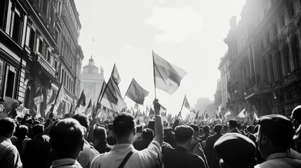 black-and-white photograph commemorating ve-day showcasing vintage street scene filled with joyous people waving flags