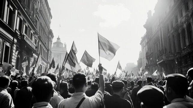 black-and-white photograph commemorating ve-day showcasing vintage street scene filled with joyous people waving flags