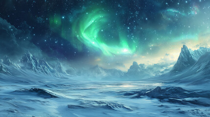 Awe-Inspiring Icy Landscape Illuminated by Vibrant Green Aurora Lights Over a Majestic, Enchanting Frozen Terrain