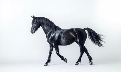 Fototapeta premium A black horse is walking on a white background