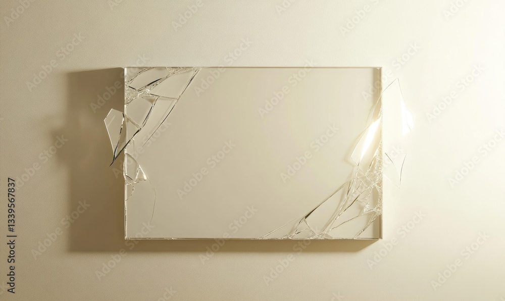 Poster a broken mirror with a frame that is missing