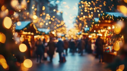 Festive holiday market scene with twinkling lights and soft bokeh