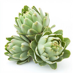 Fototapeta premium two fresh green artichokes with layered leaves and, Isolated on white Background.