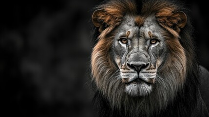 Fototapeta premium Majestic lion portrait against dark backdrop