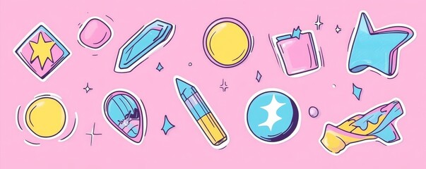Cute trendy girly retro 2000s stickers with cartoon comic label patches. Girlish funny groovy vaporwave acid stickers in geometric shapes.  illustration of y2k , 90s graphic design