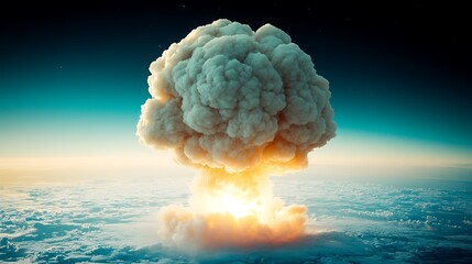 An immense mushroom cloud rises into the atmosphere above earth