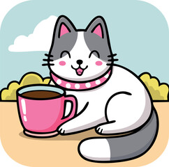 Cute cartoon cat holding a coffee cup. Adorable kawaii-style vector illustration of a fluffy kitten enjoying a hot drink. Perfect for stickers, mugs, t-shirts, and cozy designs.