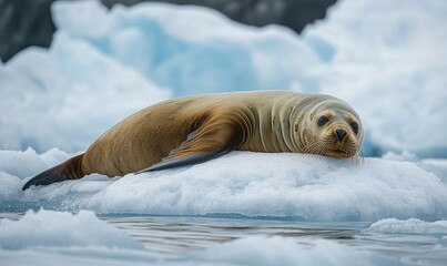 A seal is laying on top of a large block of ice