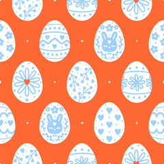 Seamless pattern with blue and white decorative Easter eggs on red background for Your spring holiday design