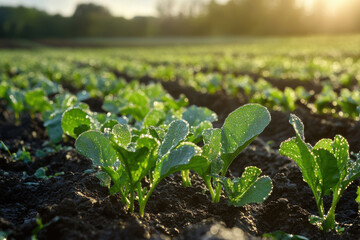 Lush lettuce plants flourish beautifully in a sunlit field, displaying vibrant greens and nourishing rich soil