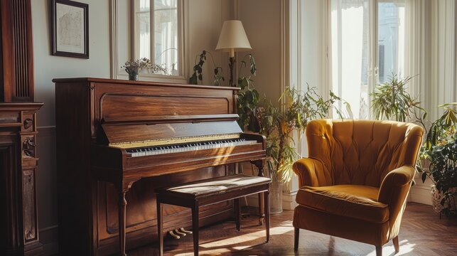 Upright Piano in Quaint Living Room