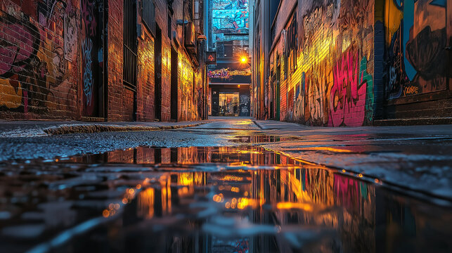 Cinematic alley featuring puddles reflecting ambient light and evoking an artistic urban mood with elegance