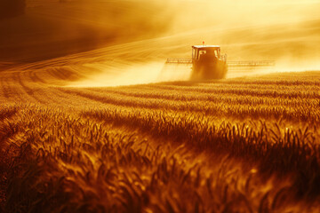 A sturdy tractor moves through sunlit fields during harvest season, showcasing agricultures marvels in full swing