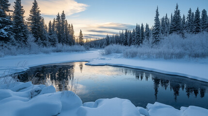 Snow covered landscape with vibrant aurora lights illuminating a serene winter wonderland panorama evoking magic