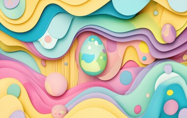 Bright abstract Easter background with multiple layers of colorful abstract shapes and fun pastel Easter egg patterns