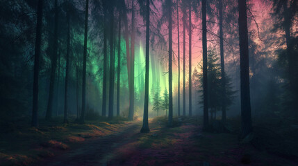 Fototapeta premium Serene quiet forest illuminated by green and pink auroras creating a magical ethereal winter wonderland