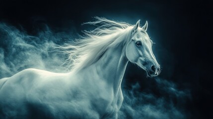 Obraz premium Majestic white horse in mystical fog