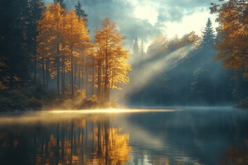 Fototapeta premium Moments of Reflection and Gratitude as Sunlight Pierces Through the Trees, Illuminating a Serene Forest Filled With Warm Golden Tones and Delicate Sparks