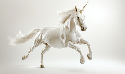 Fototapeta premium A white unicorn is running across a white background