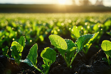 In a sunlit field, fresh green lettuce plants are glistening with morning dew, creating a vibrant scene