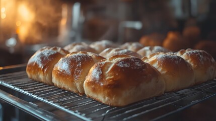 Golden Brown Baked Bread Rolls Cooling on Rack