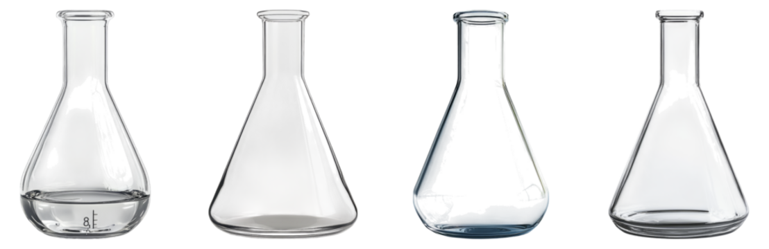 Various Laboratory Glassware Including Erlenmeyer Flasks and Beakers, Isolated on Transparent Background