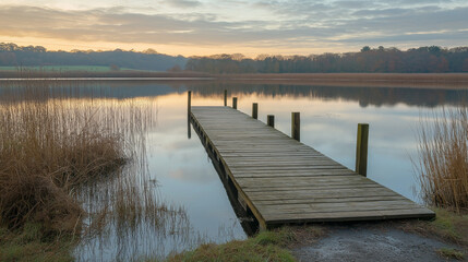 Naklejka premium Wooden jetty extending over a calm lake during sunset, evoking peaceful reflections, serene water beauty